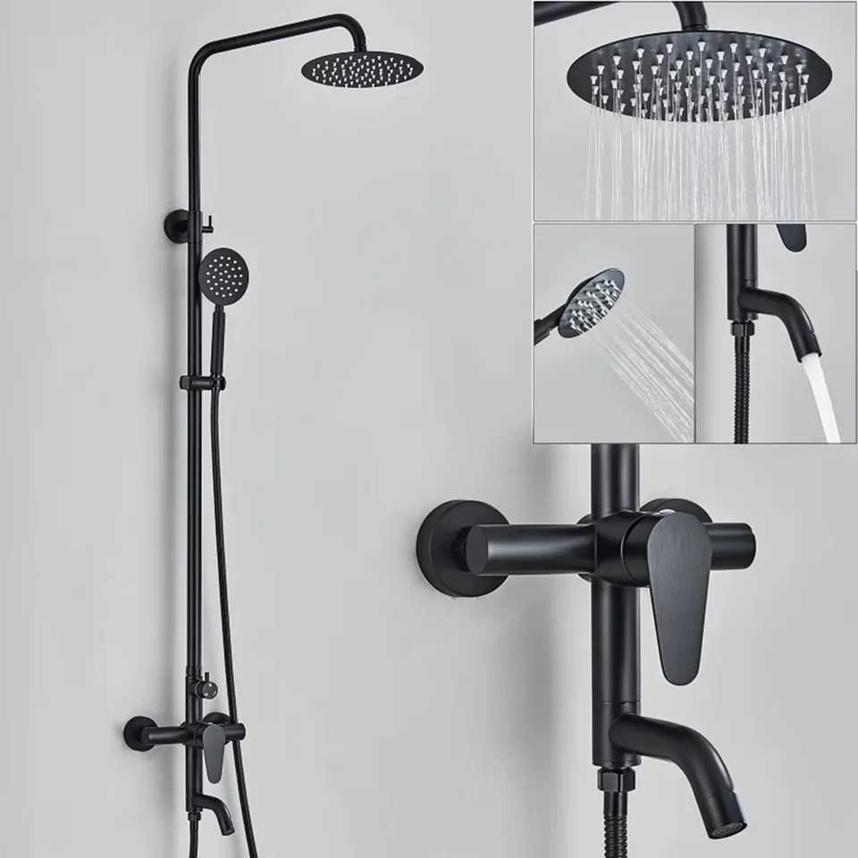 [BARRANEGRO] Barral Columna Ducha Acero Inox Redonda C/telefono Negro Mate Negro